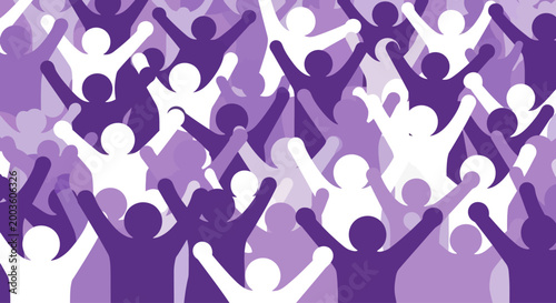 Diverse crowd celebrating, arms raised in unity, purple and white silhouettes