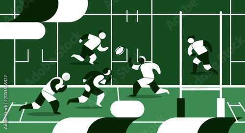 Rugby game illustration, players in action on green field with goalposts