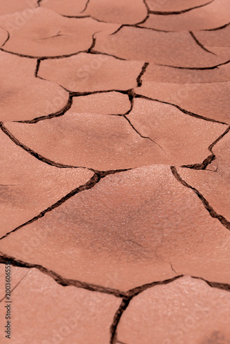 Detailed close-up texture of dry, cracked reddish-brown clay soil. Shallow depth of field with selective focus on foreground cracks and heavily blurred background. Low-angle view