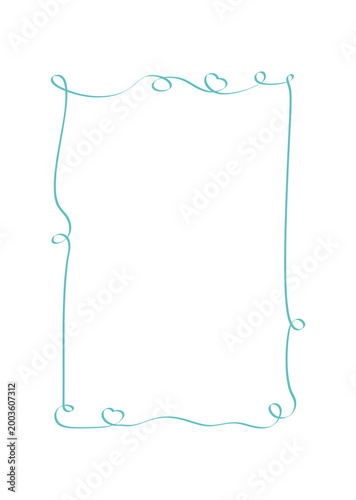 Romantic coquette doodle frame with whimsical heart border and simple rectangle outline. Cute curly line art acts as vertical decorative element for wedding card or valentine invite with fresh green