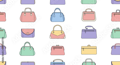 Seamless Pattern of Pastel Colored Handbags and Purses, Flat Design