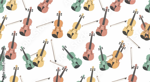 Seamless pattern of colorful violins and bows on white background, musical instruments