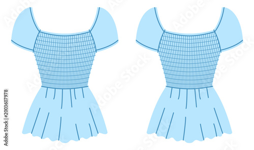 Blue mini shirt top with smocked bodice, short sleeves and flared skirt with compact silhouette and gathered volume. Technical fashion illustration in flat color, front and back views. Vector