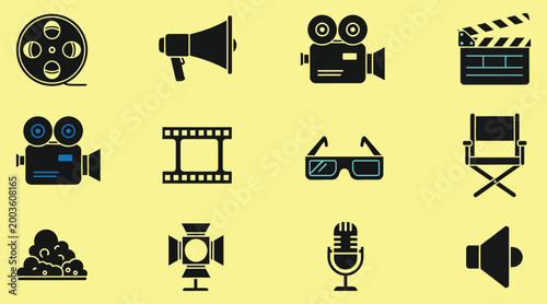 Film production icons a comprehensive set for filmmaking and video creation