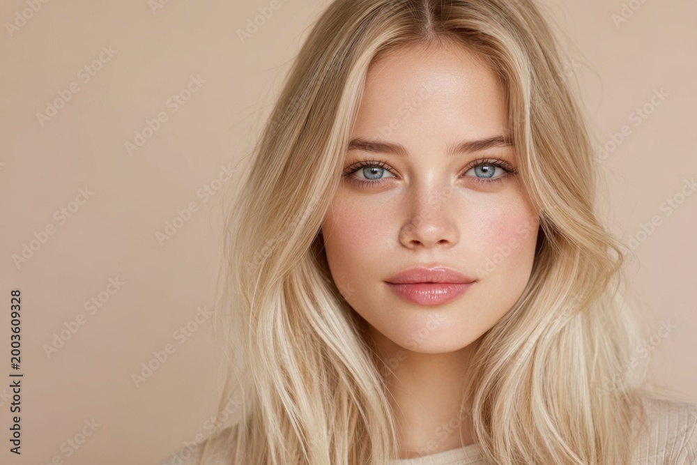 Naklejka premium Female model showcases long blonde hair and lip look in close-up against beige background during a portrait session in studio