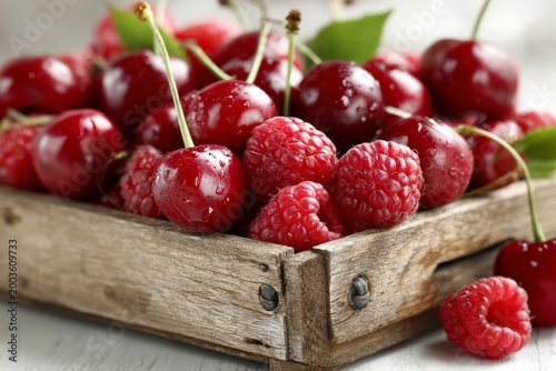 Fresh cherries and raspberries picked and placed in wooden crate on white table