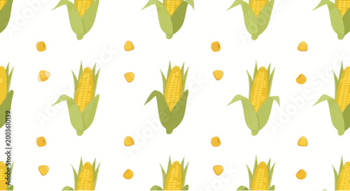 Seamless Pattern of Fresh Corn Cobs and Kernels on White Background
