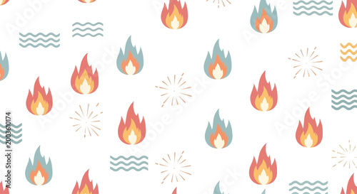 Seamless Pattern of Fire and Water Icons on White Background
