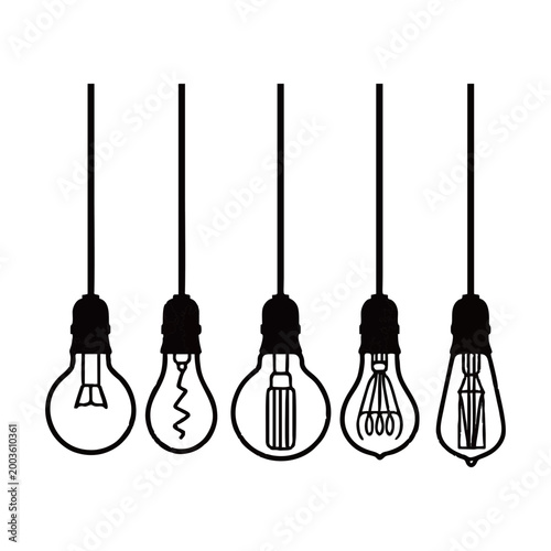 Set of hanging light bulb illustrations with different filament styles in simple black line art design.