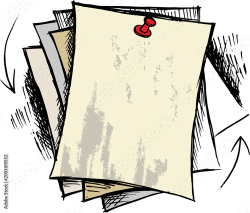 sketch note papers with pushpins.