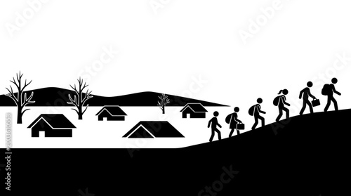 Evacuation illustration of people walking away from damaged houses and trees in a disaster scene vector with a hazard zone, depicting a natural disaster and emergency situation.