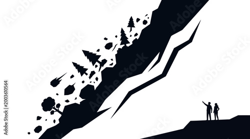 Illustration of a landslide disaster vector with two people standing on a hill, conveying a sense of environmental disaster and crisis situation in a graphic resource format.