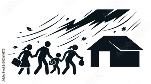 A family evacuates quickly from their home during a natural disaster with strong winds and debris flying around them.