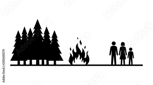 A black silhouette illustration of a family standing near a wildfire burning in a forest, conveying a sense of emergency and environmental disaster.