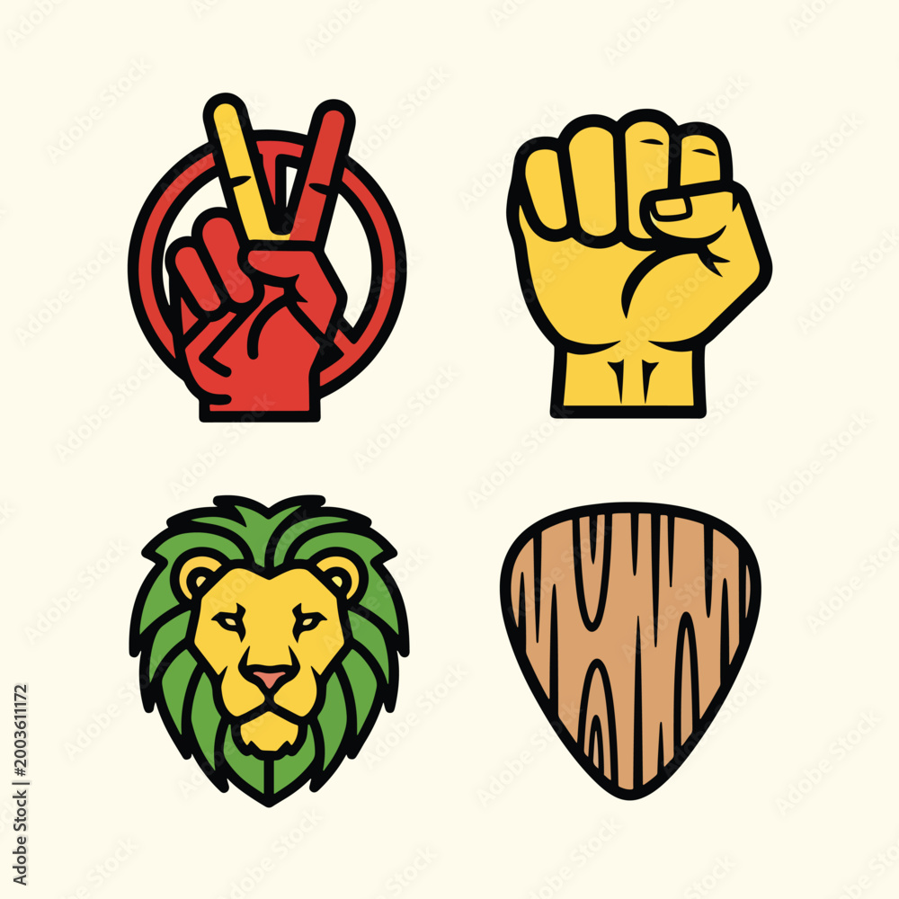 Fototapeta premium Set of four illustrative icons featuring a peace sign a fist a lion head and a guitar pick.