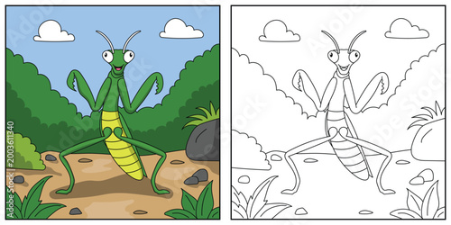 Cute cartoon mantis, funny illustration, coloring book for kids and children.
