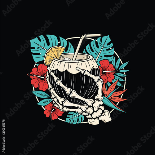 Illustration of a skeleton hand holding a coconut tropical cocktail.