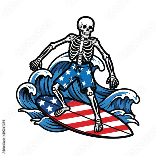 Illustration of a skeleton surfing on an American flag themed surfboard with blue star boardshorts.