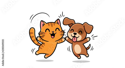 Cartoon cat and dog friends dancing.