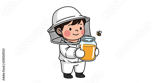 Child in beekeeping suit holding honey.