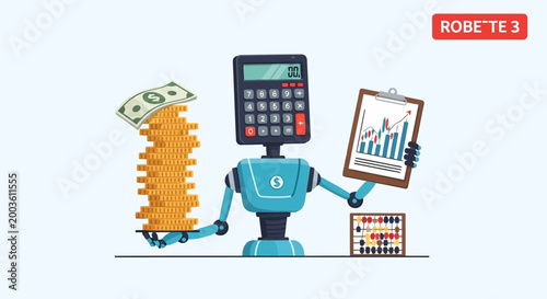 Robot accountant with calculator head holding a stack of coins and a financial chart