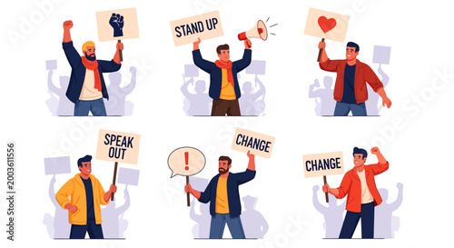 Set of protesters holding signs and megaphone, people demonstrating for rights, social activism, vector illustration