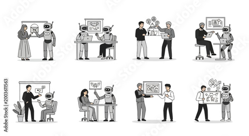 Set of flat illustrations of people interacting with robots, artificial intelligence technology, business automation, and digital assistance