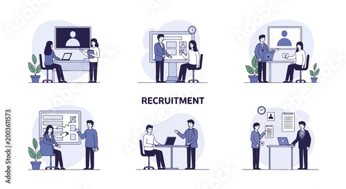 Set of recruitment process illustrations, hr managers interviewing candidates, hiring and job search concept