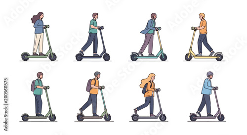 Diverse people riding electric scooters flat vector illustration of men and women on modern escooters