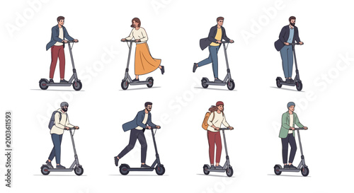 Set of diverse people riding electric scooters flat vector illustration of men and women on escooters