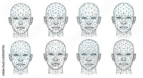Set of human faces with digital mesh overlay, facial recognition technology concept, biometric identification
