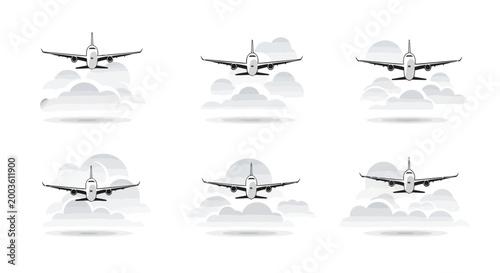 Set of airplanes flying in the sky with clouds, front view, vector illustration