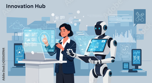 Innovation hub concept with a businesswoman and a robot working together on digital interfaces and data analytics