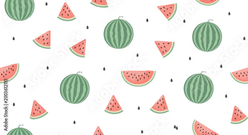 Quadro em tela Seamless Pattern of Fresh Watermelon Slices and Whole Fruits on White Background