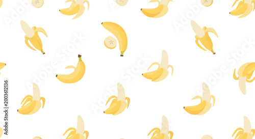 Bild auf Leinwand Seamless Pattern of Yellow Bananas and Slices on White Background