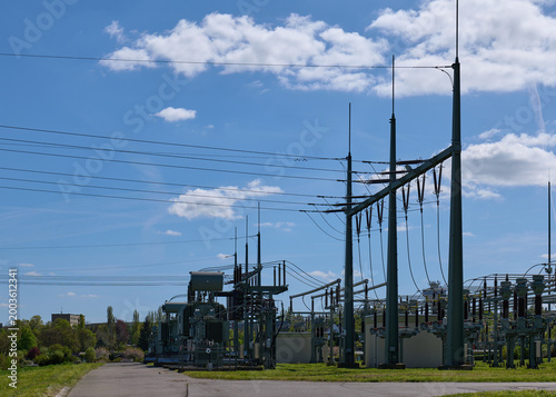 Energy Industry: High and medium voltage substation on a sunny spring afternoon