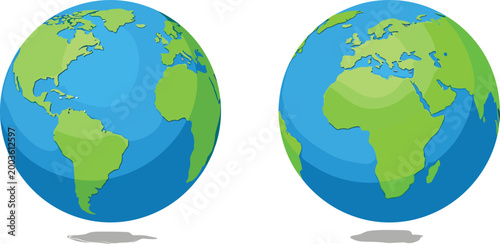 World Globe Earth Illustration Set with Detailed Continents Map View, Blue Ocean and Green Land Design for Geography, Education, Travel, and Global Concepts