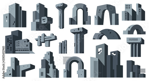 Set of Brutalist Architecture Elements and Modern Building Shapes