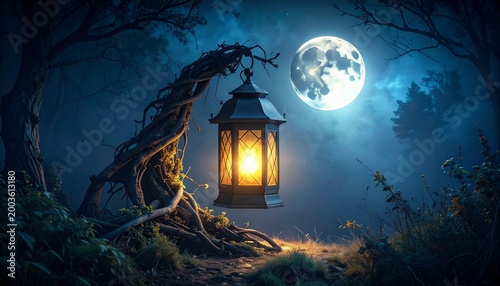 A luminous lantern casts a warm glow amidst the ancient, gnarled trees of an enchanted forest under the serene gaze of a brilliant full moon, creating a magical nocturnal scene