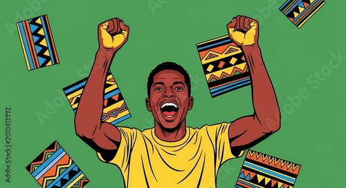 A young man is enthusiastically celebrating with joy and excitement. He raises his fists in triumph with patterned objects floating around him