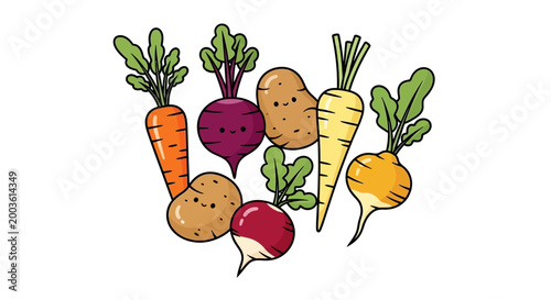 Colorful illustration of root vegetables.