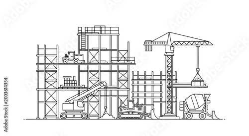 Construction site with crane and scaffolding.