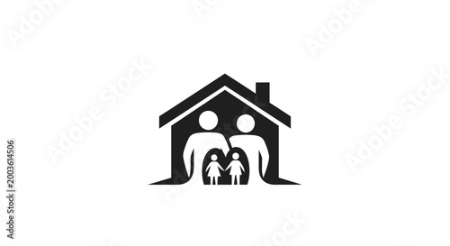 Family standing under a house roof.