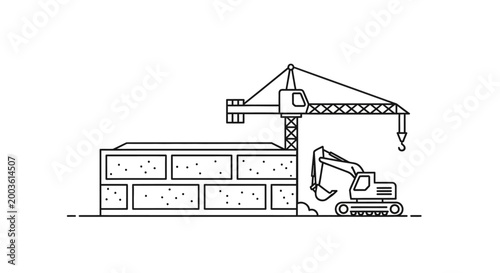 Excavator under construction crane lifting.