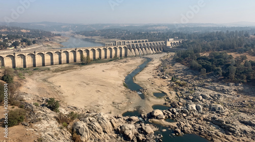 Aerial view, dam, river, drought landscape, dry reservoir scene