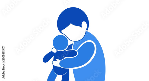 Parent hugging child icon, symbol of love and care, family bonding, blue silhouette