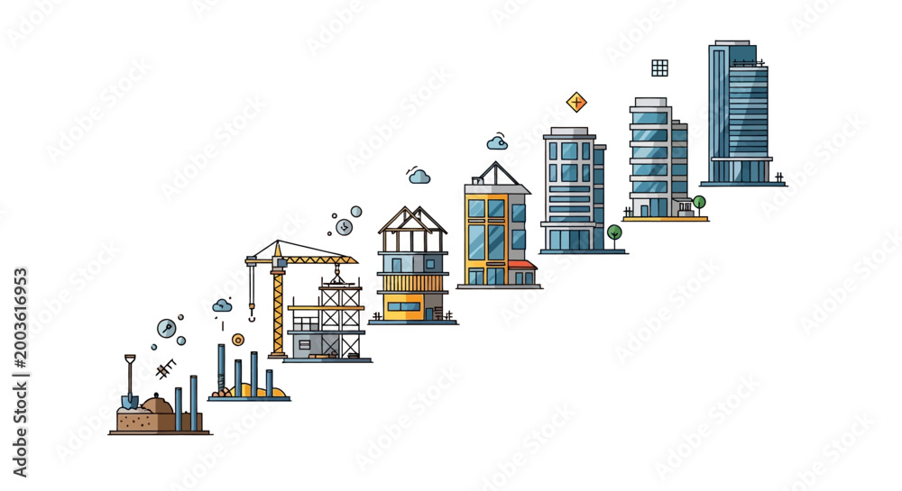 Obraz premium Construction Process Stages and Real Estate Development Growth Concept, Urban Building Lifecycle from Foundation to Modern Skyscraper Skyline Vector Illustration