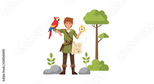 Slika na platnu A young adventurer in a green tunic holds a compass and map while a colorful scarlet macaw parrot perches on his outstretched arm in a forest