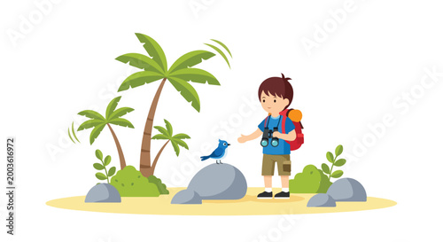 Tablou pe pânză A young boy hiker with binoculars and a backpack observes a small blue bird perched on a rock amidst tropical palm trees and bushes