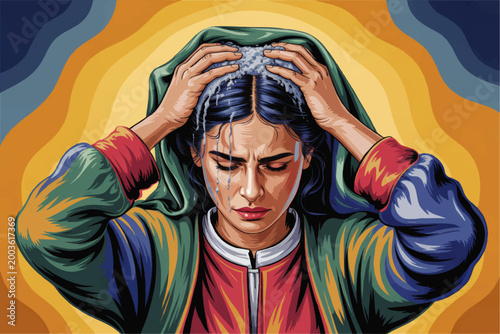 Stressed woman suffering migraine with ice pack on head, emotional pain portrait in bold colorful illustration style
